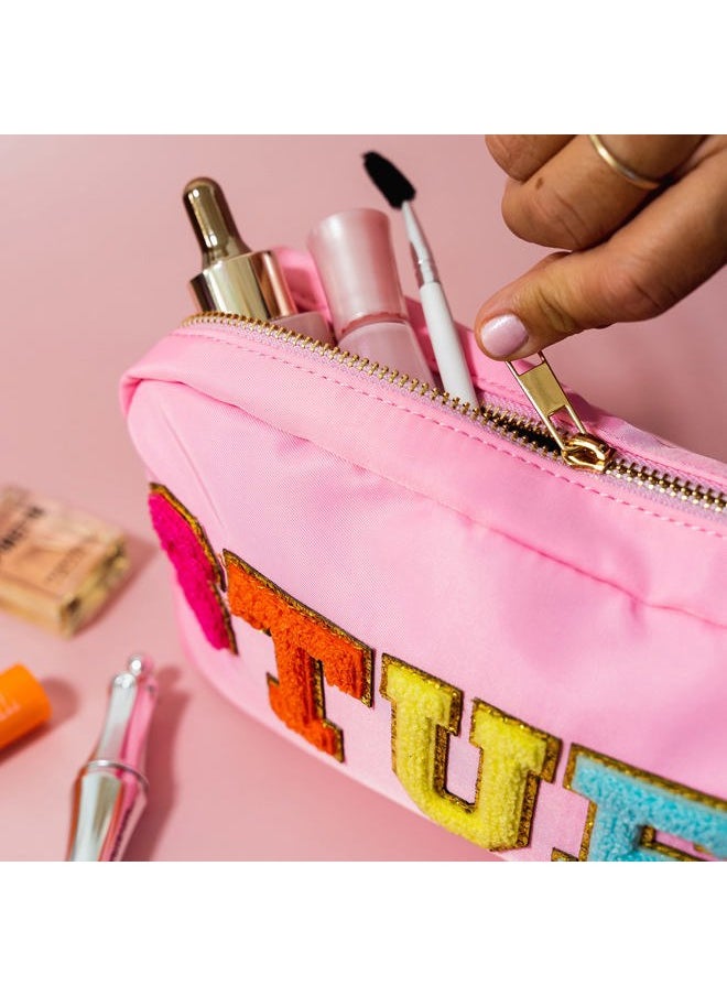 Fablinks - Preppy Stuff Bag, Chenille Varsity Letter Makeup Pouch, Pink Nylon Skin Care Zipper Patch Bags Organizer for Women, Travel Make Up Skincare Cosmetic Stocking Stuffers - Image 1