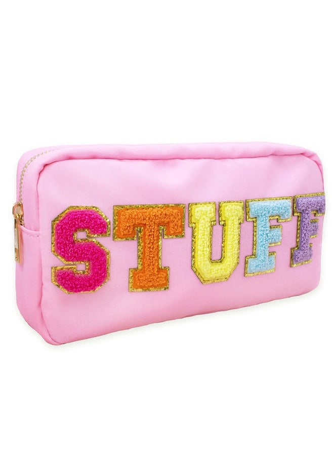 Fablinks - Preppy Stuff Bag, Chenille Varsity Letter Makeup Pouch, Pink Nylon Skin Care Zipper Patch Bags Organizer for Women, Travel Make Up Skincare Cosmetic Stocking Stuffers - Image 1