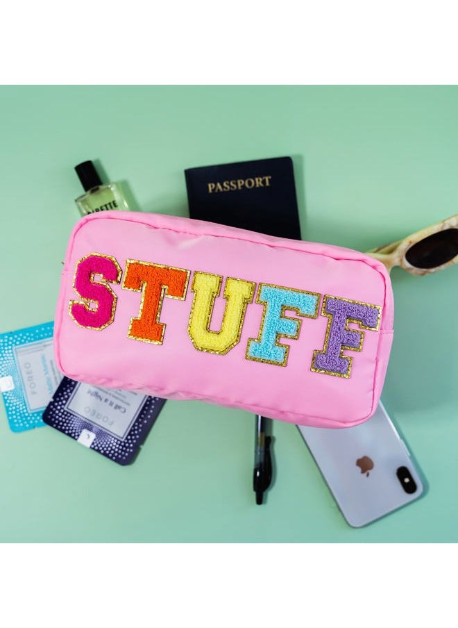 Fablinks - Preppy Stuff Bag, Chenille Varsity Letter Makeup Pouch, Pink Nylon Skin Care Zipper Patch Bags Organizer for Women, Travel Make Up Skincare Cosmetic Stocking Stuffers - Image 1
