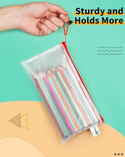 Smarpau 60 Pcs Pencil Pouch, 12 Colors 9.3" x 4.7" Small Mesh Zipper Pouches Clear Pencil Case, Waterproof Zipper Bags for Organizing Travel, Office Storage - Image 4