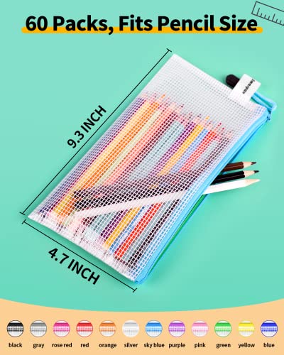 Smarpau 60 Pcs Pencil Pouch, 12 Colors 9.3" x 4.7" Small Mesh Zipper Pouches Clear Pencil Case, Waterproof Zipper Bags for Organizing Travel, Office Storage - Image 2