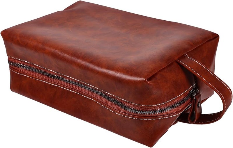 Large Capacity Vintage PU Leather Travel Toiletry Bag Amber Color Makeup Organizer Pouch - Image 1