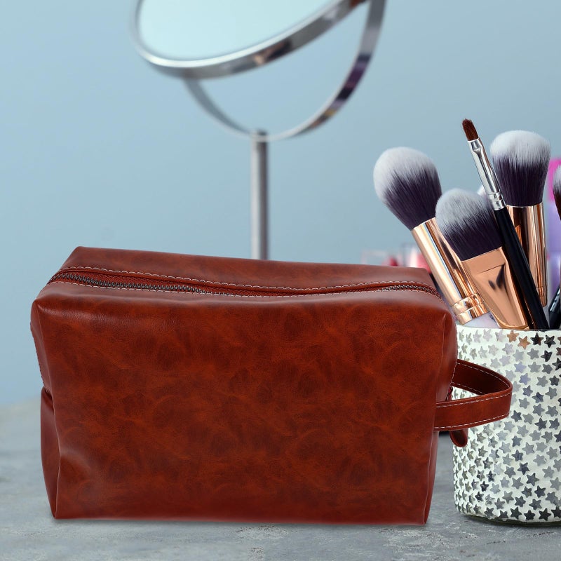 Large Capacity Vintage PU Leather Travel Toiletry Bag Amber Color Makeup Organizer Pouch - Image 5
