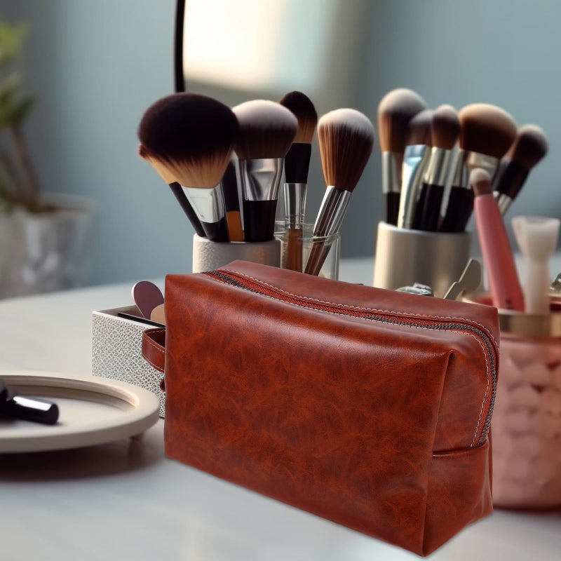 Large Capacity Vintage PU Leather Travel Toiletry Bag Amber Color Makeup Organizer Pouch - Image 4