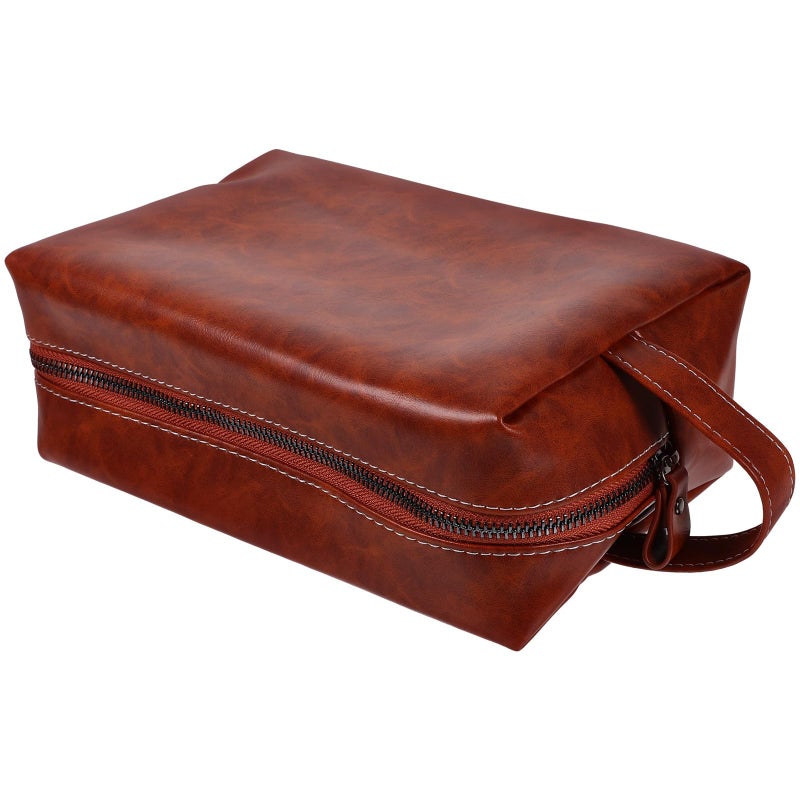 Large Capacity Vintage PU Leather Travel Toiletry Bag Amber Color Makeup Organizer Pouch - Image 2