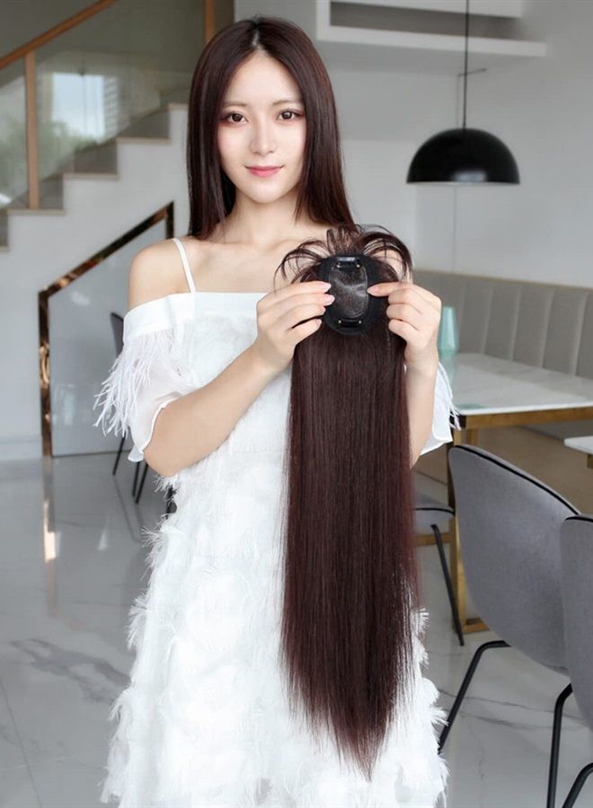 LesafeV 50cm Long Seamless Nature Look Clip in Hairpiece with Side-Fringe Extension Forehead Topper for Women with Thinning Hair Straight Dark Reddish Brown - Image 5