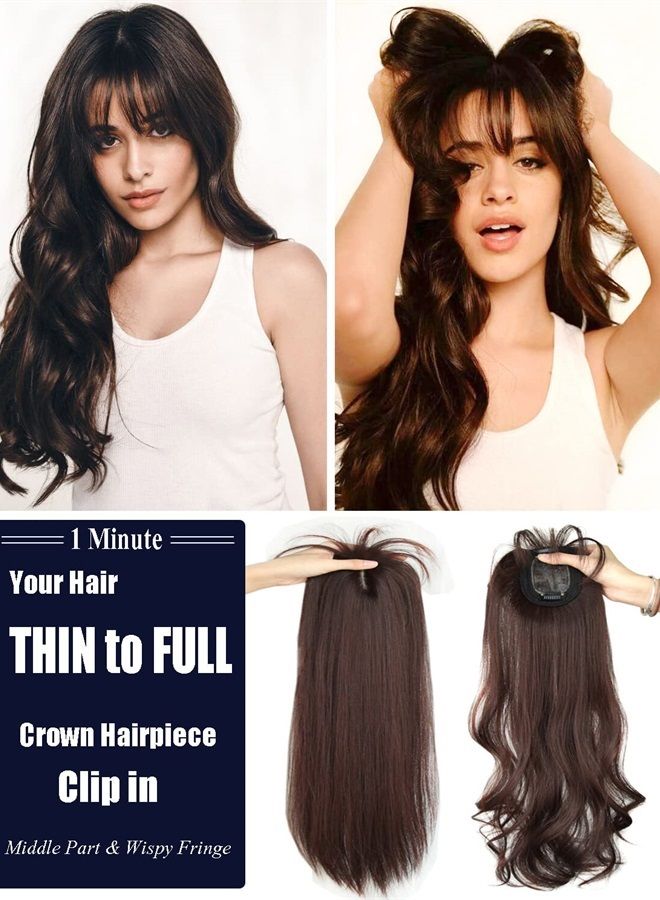 LesafeV 50cm Long Seamless Nature Look Clip in Hairpiece with Side-Fringe Extension Forehead Topper for Women with Thinning Hair Straight Dark Reddish Brown - Image 3