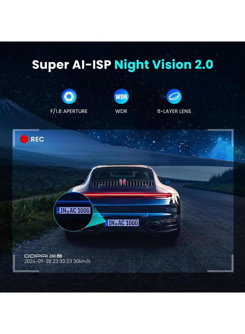DDPAI 4K Dash Cam Front and Rear, 2160P+1080P Dash Camera for Cars, up to 15MB/s 5GHz WiFi6 Dashcam with 32G eMMC, Night Vision, 3" IPS WDR ADAS  Loop Recording G-Sensor, Z60 - Image 3