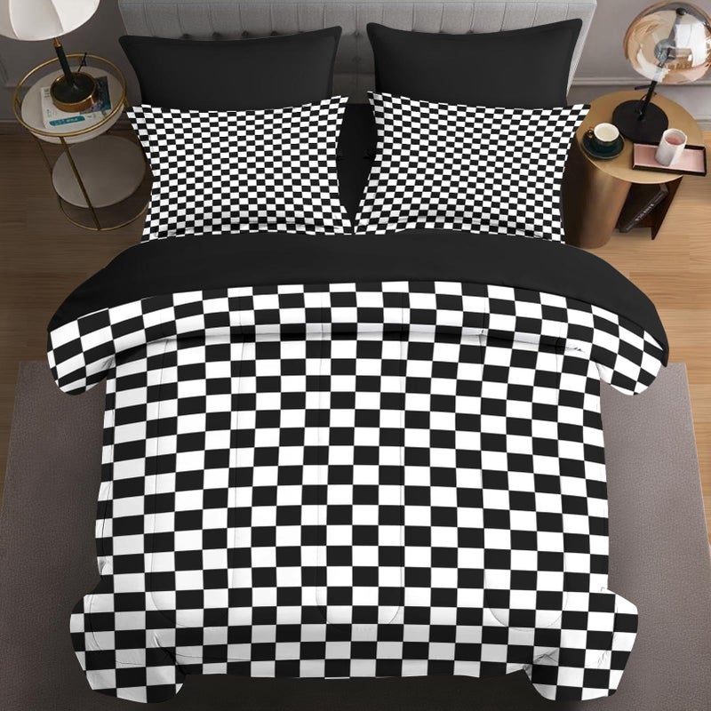 Nesphy Plaid Checkerboard Grid Black White Quilt Comforter Set 5 Pcs Twin Size, Checkered Geometric Luxury Soft Bedding Set with Flat and Fitted Sheet Pillowcases Sham for Adults Bedroom Bed Decor - Image 1