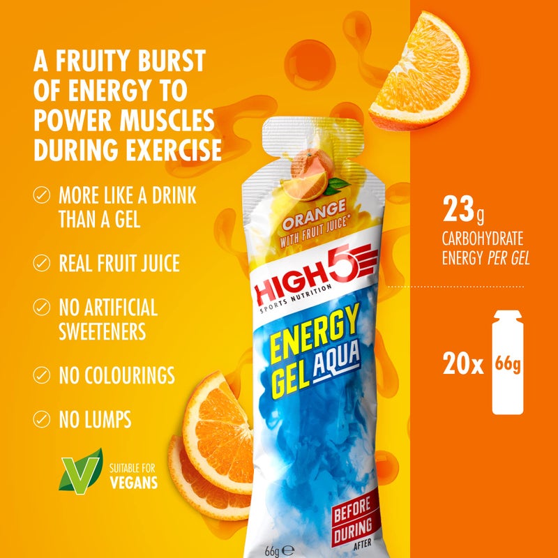 High5 Aqua Running Gels Energy - Running Essentials for Quick Release Energy - Natural Fruit Juice & No-Caffeine - Ideal as Running Equipment, Cycling Supplements, Marathon Training (Orange, 20 x 66g) - Image 2