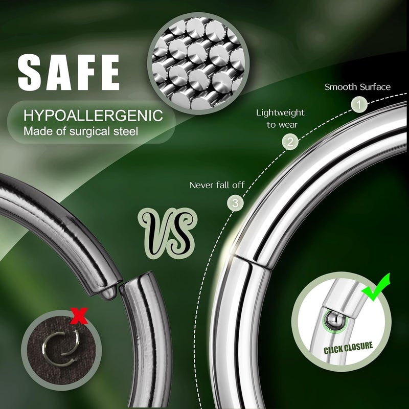Jstyle 8Pcs 18G Hypoallergenic Nose Rings for Men Women 316L Surgical Steel Septum Rings Hinged Clicker Segment Nose Hoops Cartilage Daith Tragus Sleeper Earrings Piercing Jewelry 6-12MM - Image 3
