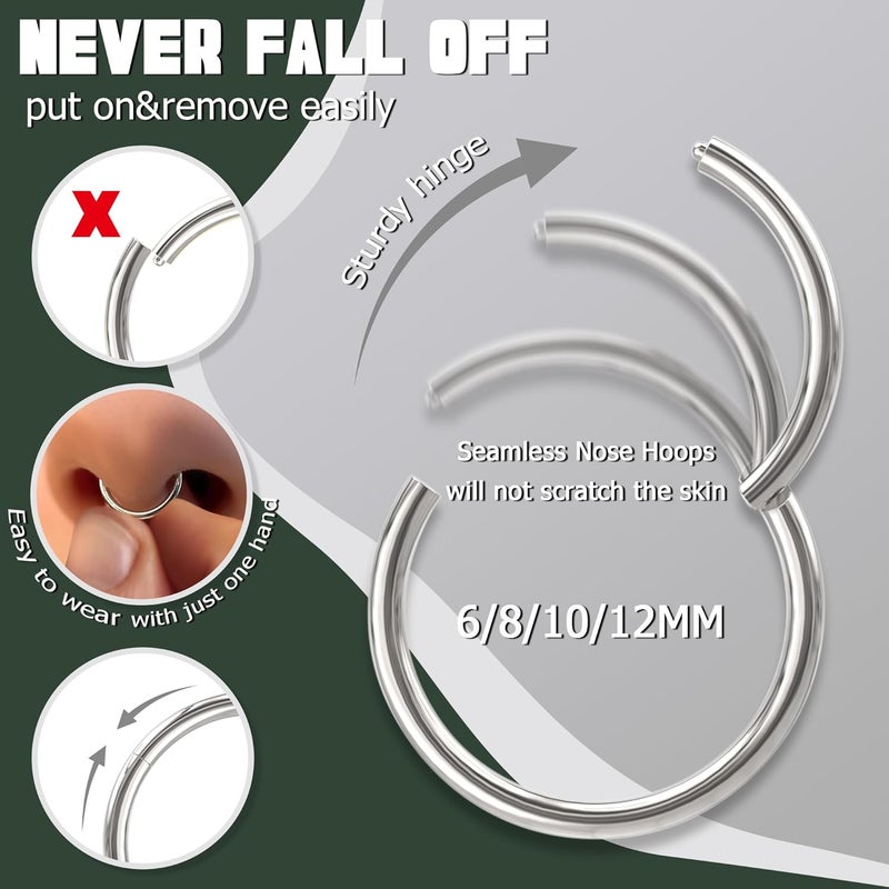 Jstyle 8Pcs 18G Hypoallergenic Nose Rings for Men Women 316L Surgical Steel Septum Rings Hinged Clicker Segment Nose Hoops Cartilage Daith Tragus Sleeper Earrings Piercing Jewelry 6-12MM - Image 4