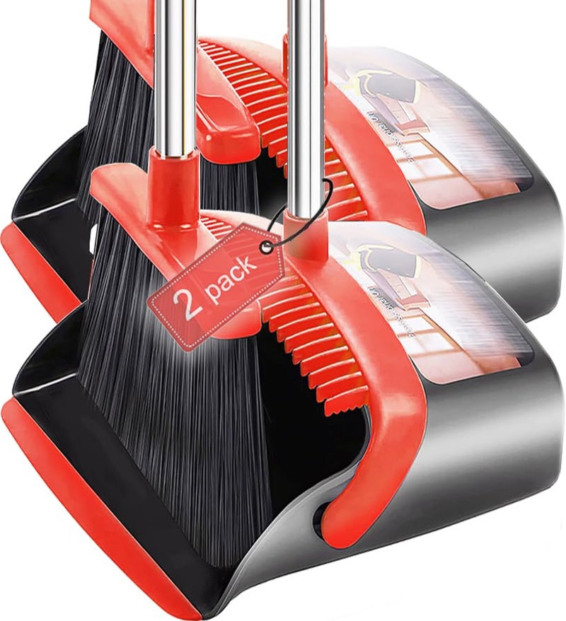 DJDTDTY 2-Pack is More economical,Brooms with Dustpan Combo Setï¼Œ with 52" Long Handle, Dustpan Teeth with self-Cleaning Function, Indoor and Outdoor Sweeping, Perfect for Home Office (Large/Red /2-Pack) - Image 1