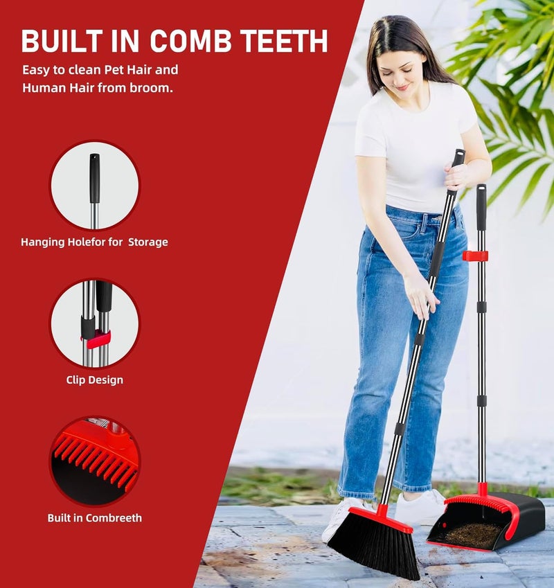DJDTDTY 2-Pack is More economical,Brooms with Dustpan Combo Setï¼Œ with 52" Long Handle, Dustpan Teeth with self-Cleaning Function, Indoor and Outdoor Sweeping, Perfect for Home Office (Large/Red /2-Pack) - Image 3