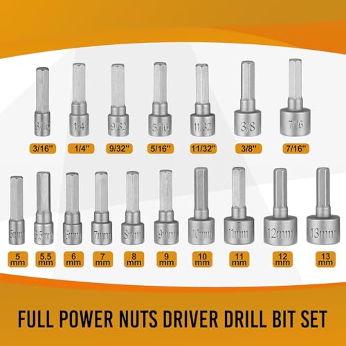 Serplex® 23Pcs Power Nuts Driver Drill Bit Tools Set Metric Socket Wrench Screw Impact Bit Set 1/4'' Nut Driver Hex Metric & SAE Socket Wrench for Power Tools, Electric Drills Screwdrivers Socket - Image 2