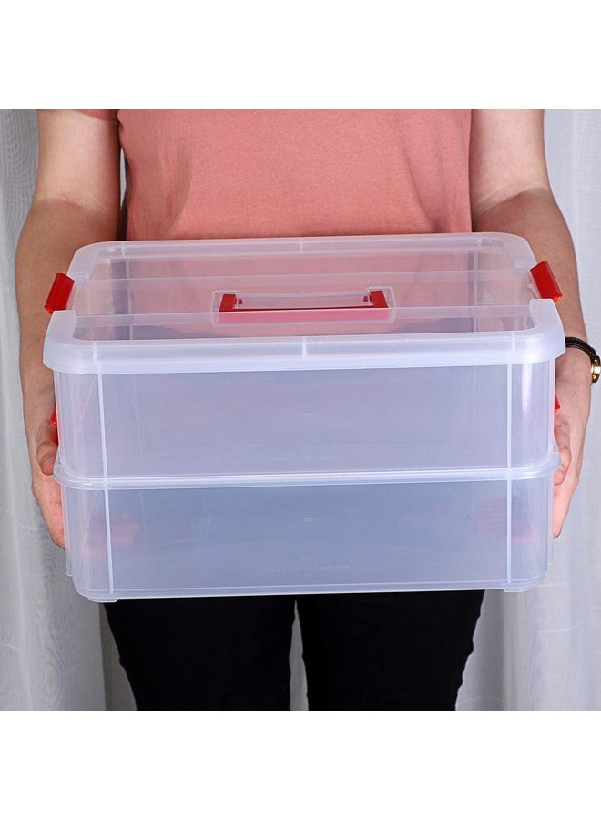 JUXYES 2-Tiers Stack Carry Storage Box With Handle, Transparent Stackable Storage Bin With Handle Lid Latching Storage Container for School & Office Supplies (Red) - Image 3