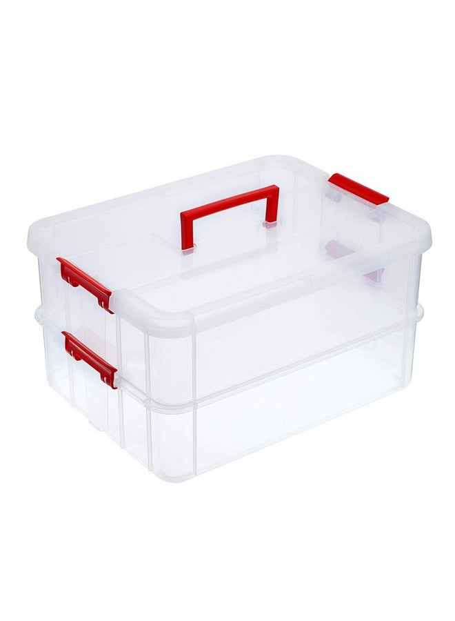 JUXYES 2-Tiers Stack Carry Storage Box With Handle, Transparent Stackable Storage Bin With Handle Lid Latching Storage Container for School & Office Supplies (Red) - Image 1