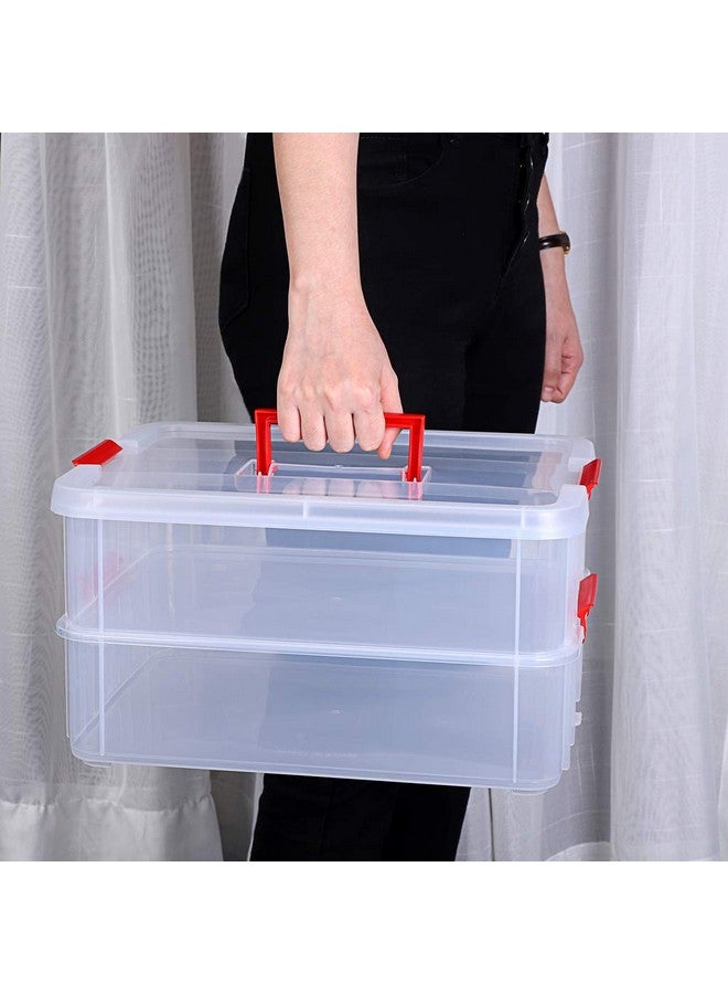 JUXYES 2-Tiers Stack Carry Storage Box With Handle, Transparent Stackable Storage Bin With Handle Lid Latching Storage Container for School & Office Supplies (Red) - Image 4