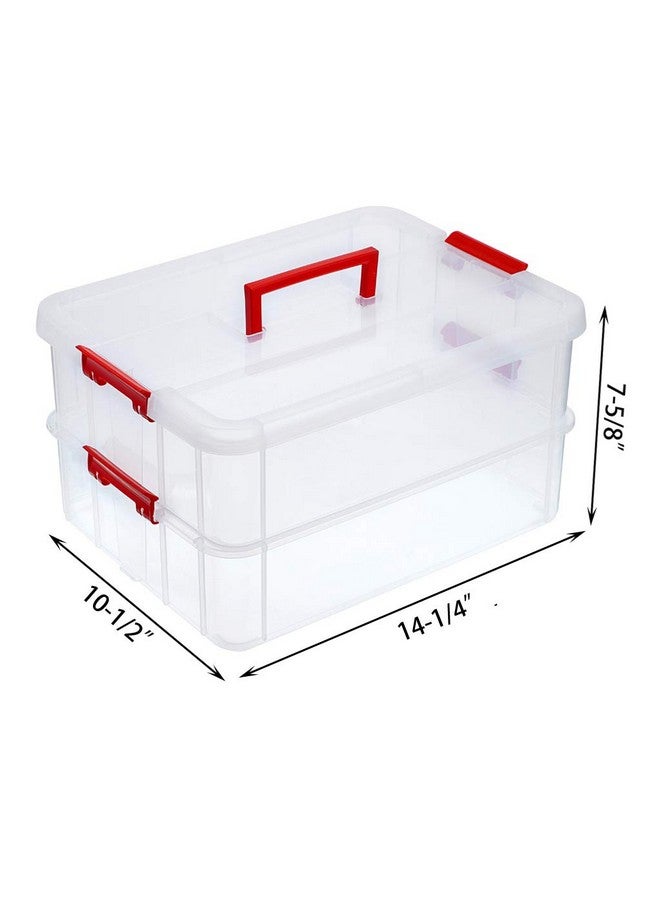 JUXYES 2-Tiers Stack Carry Storage Box With Handle, Transparent Stackable Storage Bin With Handle Lid Latching Storage Container for School & Office Supplies (Red) - Image 2