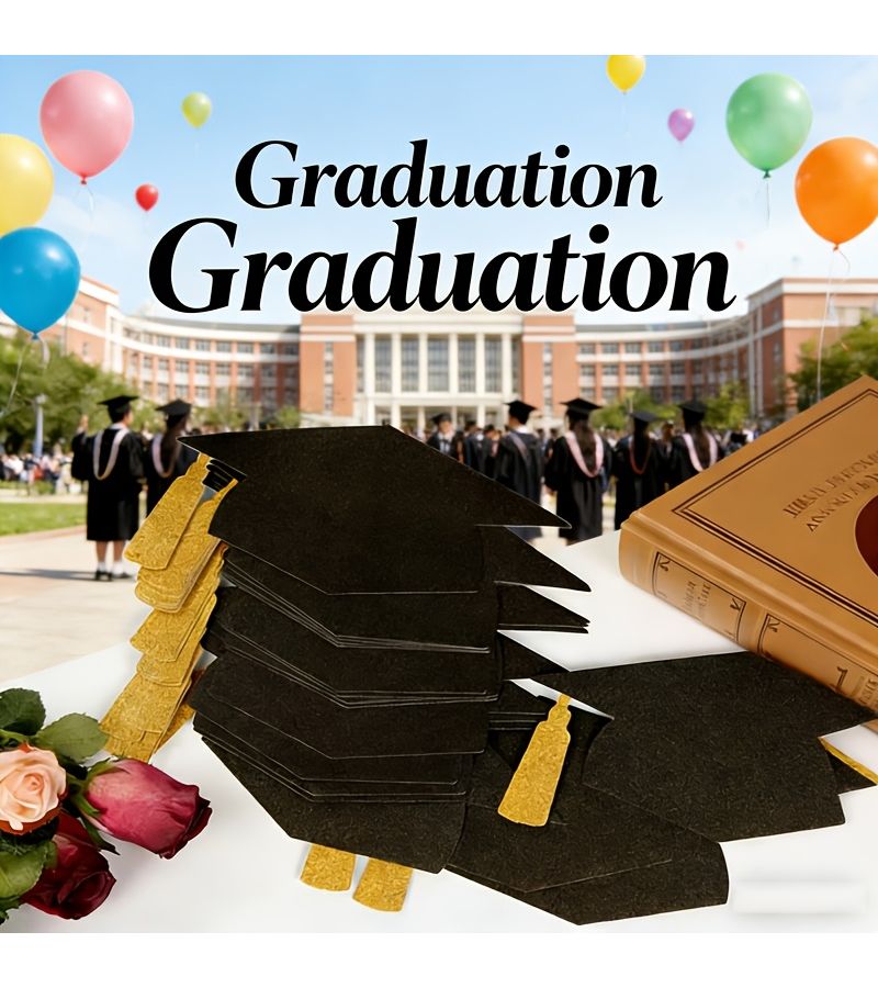Black And Gold Graduation Cap Message Cards 7 Pack Party Decor - Image 1