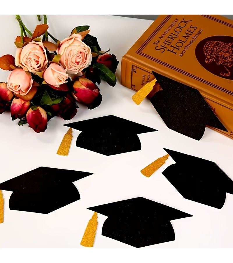 Black And Gold Graduation Cap Message Cards 7 Pack Party Decor - Image 2