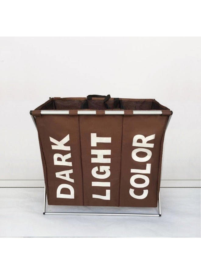 سلة غسيل، ثلاث سلال غسيل، سلة غسيل قابلة للطي مع مقبض، إطار تخزين ملابس بني، حقيبة ملابس متسخة، مواد صديقة للبيئة، 3 حجرات كبيرة، 63 × 38 × 57 سم - Image 2