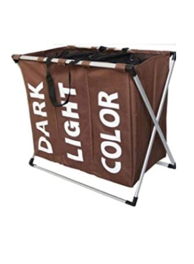 سلة غسيل، ثلاث سلال غسيل، سلة غسيل قابلة للطي مع مقبض، إطار تخزين ملابس بني، حقيبة ملابس متسخة، مواد صديقة للبيئة، 3 حجرات كبيرة، 63 × 38 × 57 سم - Image 1