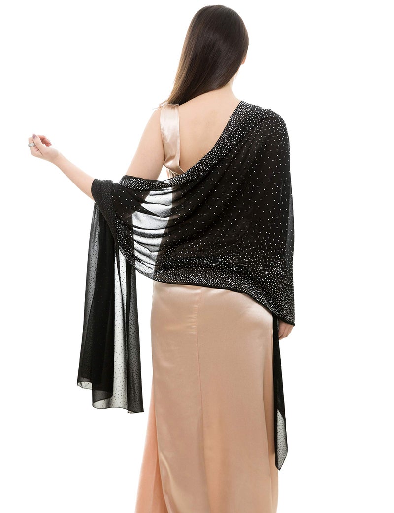 REEMONDE Womens Pashmina Shawls and Wraps for Evening Dresses Chiffon Bridal Shawl for Wedding Dressy Rhinestones Sparkly Scarf (Black) - Image 4