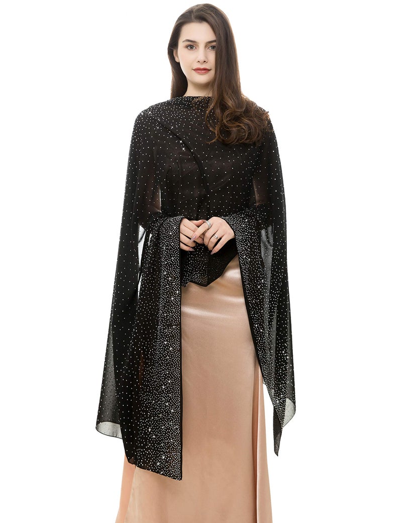 REEMONDE Womens Pashmina Shawls and Wraps for Evening Dresses Chiffon Bridal Shawl for Wedding Dressy Rhinestones Sparkly Scarf (Black) - Image 3