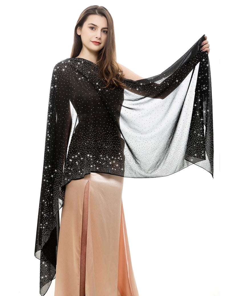 REEMONDE Womens Pashmina Shawls and Wraps for Evening Dresses Chiffon Bridal Shawl for Wedding Dressy Rhinestones Sparkly Scarf (Black) - Image 1