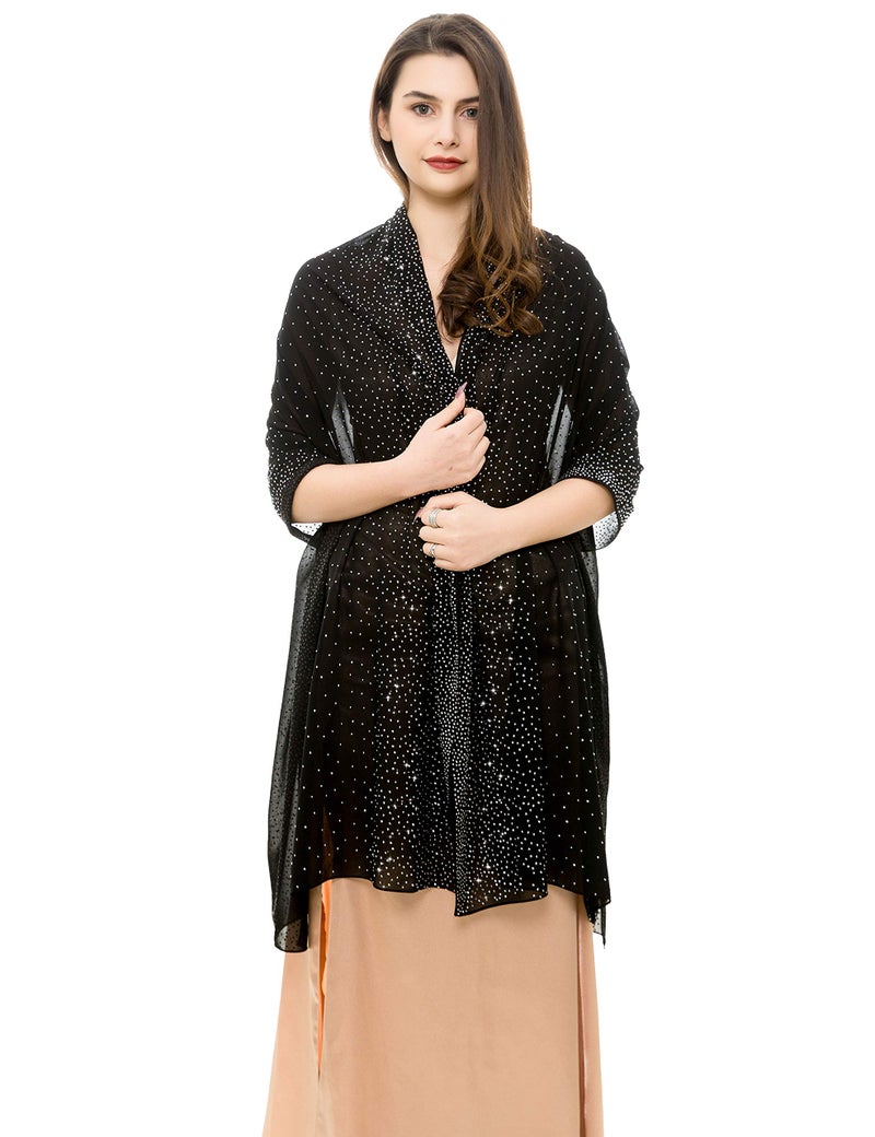 REEMONDE Womens Pashmina Shawls and Wraps for Evening Dresses Chiffon Bridal Shawl for Wedding Dressy Rhinestones Sparkly Scarf (Black) - Image 2
