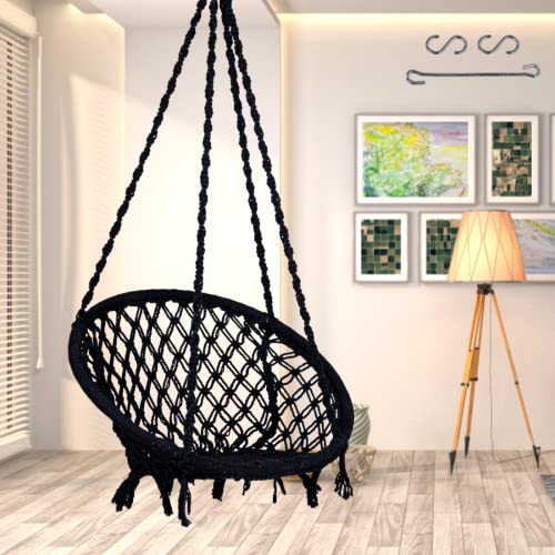 Patiofy Swing for Adults/Jhula for Living Room, Balcony, Home - Cotton Round Hammock Hanging Chair With Hanging Kit (Black), 66 Cm - Image 1