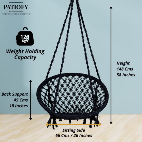 Patiofy Swing for Adults/Jhula for Living Room, Balcony, Home - Cotton Round Hammock Hanging Chair With Hanging Kit (Black), 66 Cm - Image 4