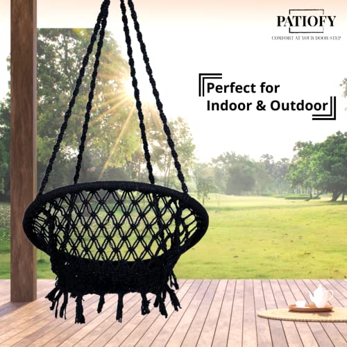 Patiofy Swing for Adults/Jhula for Living Room, Balcony, Home - Cotton Round Hammock Hanging Chair With Hanging Kit (Black), 66 Cm - Image 5