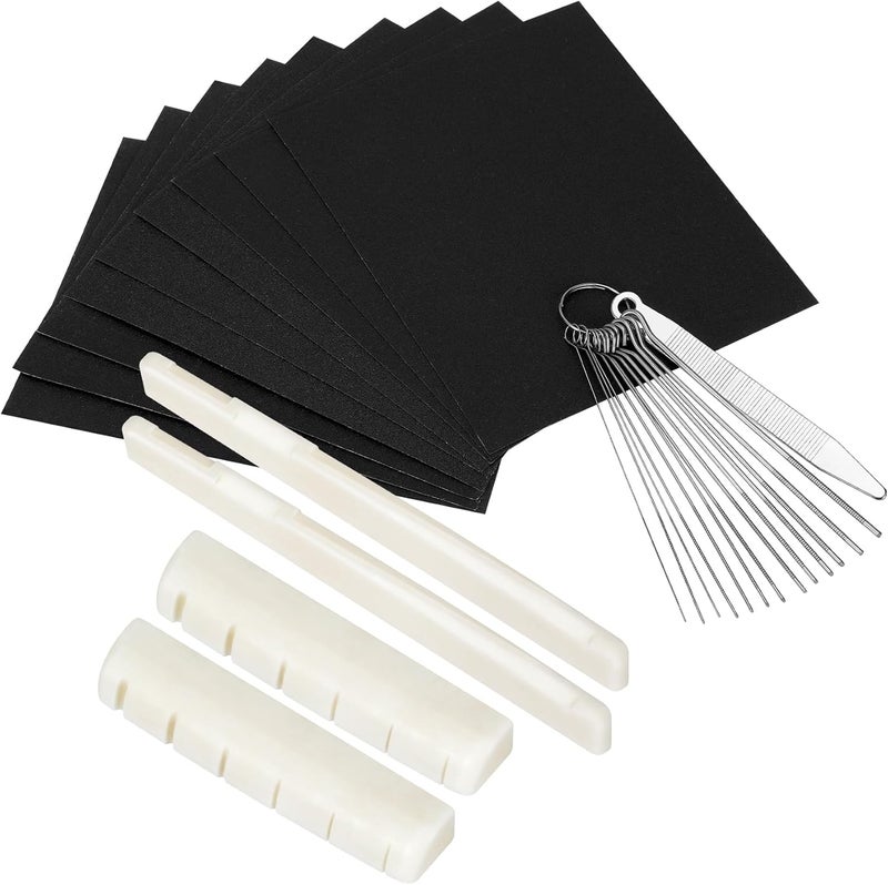 Blisstime 2 Sets (4pcs) 6 String Acoustic Guitar Bone Bridge Saddle and Nut, Made of Real Bone with 9 Pcs Sand Paper, Stainless Steel Needle Files of 13 Sizes - Image 1