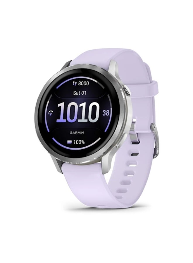 Venu 4 – 41 mm - Silver with Periwinkle Silicone Band , Upto 10 Days of Battery Life and Bright, Colorful 1.2 Inch Amoled Display , Lightweight 41MM Case with a Metal Design , iOS and Android compatible Periwinkle