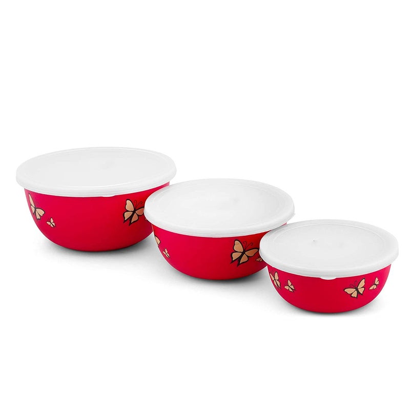 ATEVON Euro Bowl Set - Set of 3 Red Stainless Steel Bowls - Microwave Safe, Printed Design - Durable for Daily Use - Perfect for Serving and Dining - Image 3