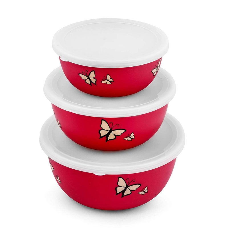 ATEVON Euro Bowl Set - Set of 3 Red Stainless Steel Bowls - Microwave Safe, Printed Design - Durable for Daily Use - Perfect for Serving and Dining - Image 1