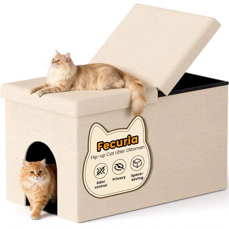 Fecuria 3-in-1 Cat Litter Box Enclosure with Odor Control, Multi-Functional Hidden Litter Box Furniture Bench, Dog Proof, Space-Saving Ottoman Cabinet with Flip-Up Lid, Storage Footrest, Beige - Image 1