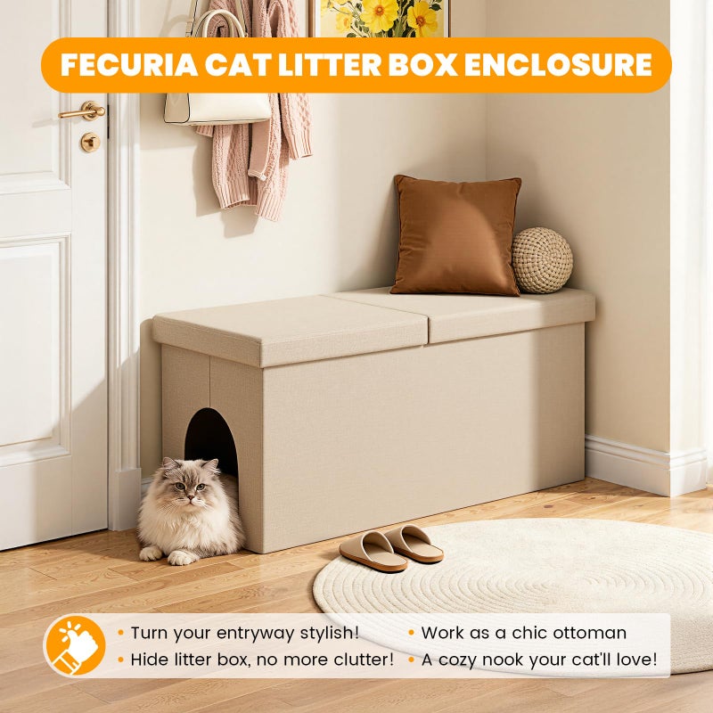 Fecuria 3-in-1 Cat Litter Box Enclosure with Odor Control, Multi-Functional Hidden Litter Box Furniture Bench, Dog Proof, Space-Saving Ottoman Cabinet with Flip-Up Lid, Storage Footrest, Beige - Image 5