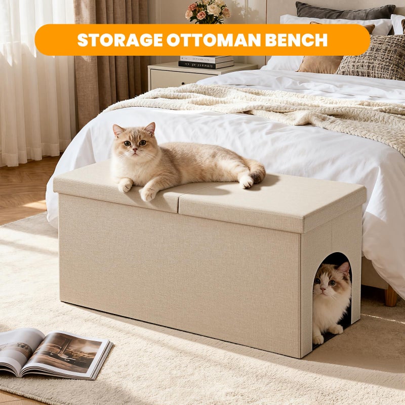 Fecuria 3-in-1 Cat Litter Box Enclosure with Odor Control, Multi-Functional Hidden Litter Box Furniture Bench, Dog Proof, Space-Saving Ottoman Cabinet with Flip-Up Lid, Storage Footrest, Beige - Image 4