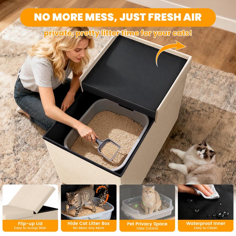 Fecuria 3-in-1 Cat Litter Box Enclosure with Odor Control, Multi-Functional Hidden Litter Box Furniture Bench, Dog Proof, Space-Saving Ottoman Cabinet with Flip-Up Lid, Storage Footrest, Beige - Image 3