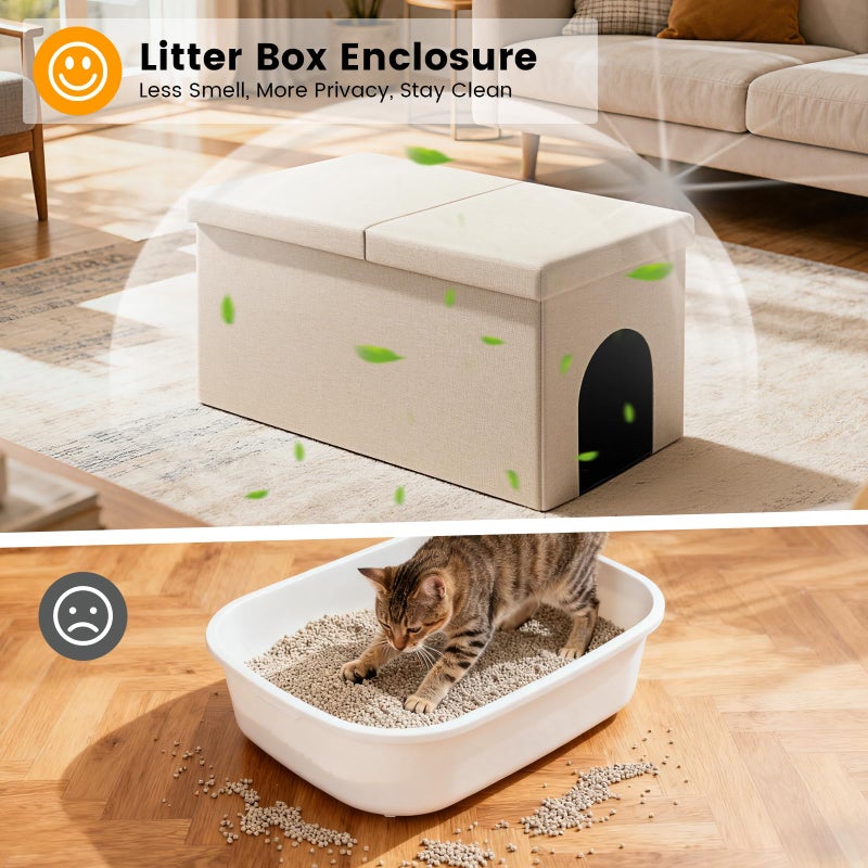 Fecuria 3-in-1 Cat Litter Box Enclosure with Odor Control, Multi-Functional Hidden Litter Box Furniture Bench, Dog Proof, Space-Saving Ottoman Cabinet with Flip-Up Lid, Storage Footrest, Beige - Image 2