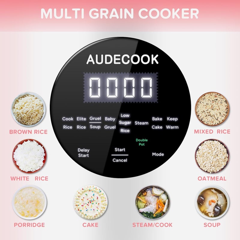 Audecook طنجرة أرز أوديكوك 1.5 لتر مع وظيفة منخفضة الكربوهيدرات وغطاء بخاري، طنجرة أرز صغيرة 7 وظائف، طباخ رقمي متعدد، مؤقت، شاشة LED دافئة (أبيض) - Image 2