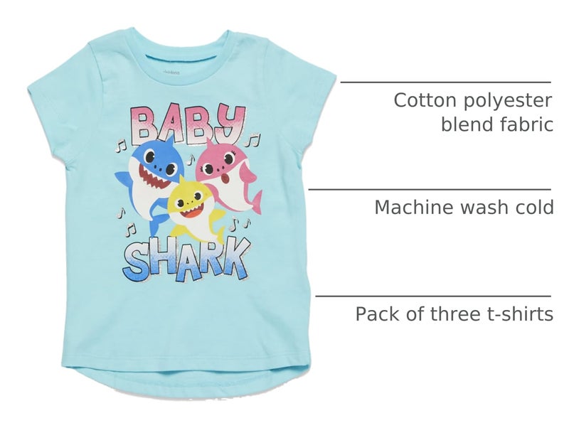 Pinkfong Baby Shark Toddler Girls 3 Pack T-Shirts Pink/Yellow/Blue 3T - Image 4