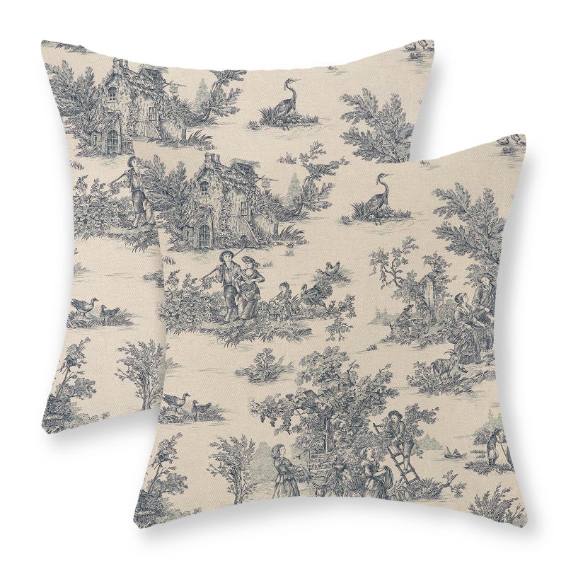 GOLIANDA Blue Toile Pillow Covers 18x18 Inch Set of 2 Vintage French Country Throw Pillows Outdoor French Country Decorative Pillow Cases Rustic Linen Decor Farmhouse Cushion Case for Couch Bedroom - Image 1