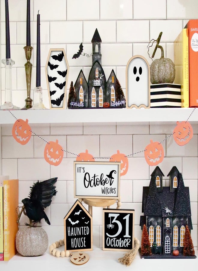 DAZONGE Halloween Decorations | 6PCS Halloween Tiered Tray Decor | Bat Coffin, Haunted House, Ghost, Witches, October 31 Sign, Bead Garland | Halloween Decor | Halloween Centerpiece for Table Shelf - Image 5