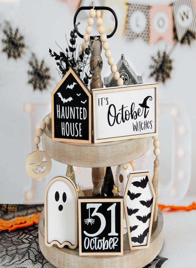 DAZONGE Halloween Decorations | 6PCS Halloween Tiered Tray Decor | Bat Coffin, Haunted House, Ghost, Witches, October 31 Sign, Bead Garland | Halloween Decor | Halloween Centerpiece for Table Shelf - Image 1