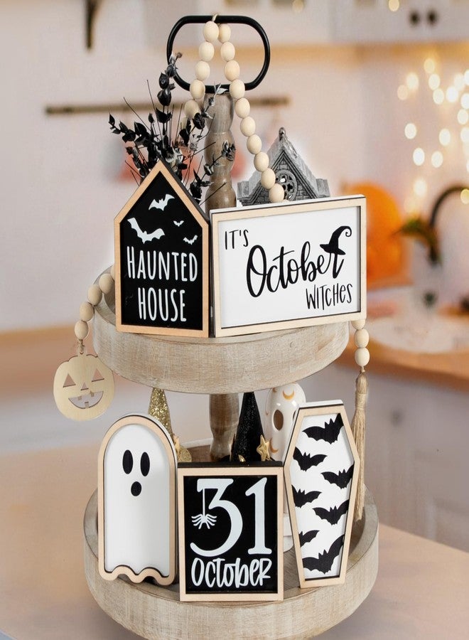 DAZONGE Halloween Decorations | 6PCS Halloween Tiered Tray Decor | Bat Coffin, Haunted House, Ghost, Witches, October 31 Sign, Bead Garland | Halloween Decor | Halloween Centerpiece for Table Shelf - Image 2