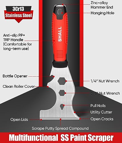 SHALL Drywall Tool Kit, 7 Pcs Stainless Steel Set Includes Putty Knife, Taping Knife, Painter Scraper Tool & 12" Mud Pan for Joint Taping, Finishing, Patching - Image 5